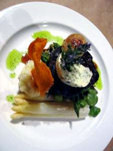"Grilled Beef Filet "Bistecca-style" & "Raspberry-Thyme Tart & Lemon Creme Fraiche Souffle and Raspberry Sauce"